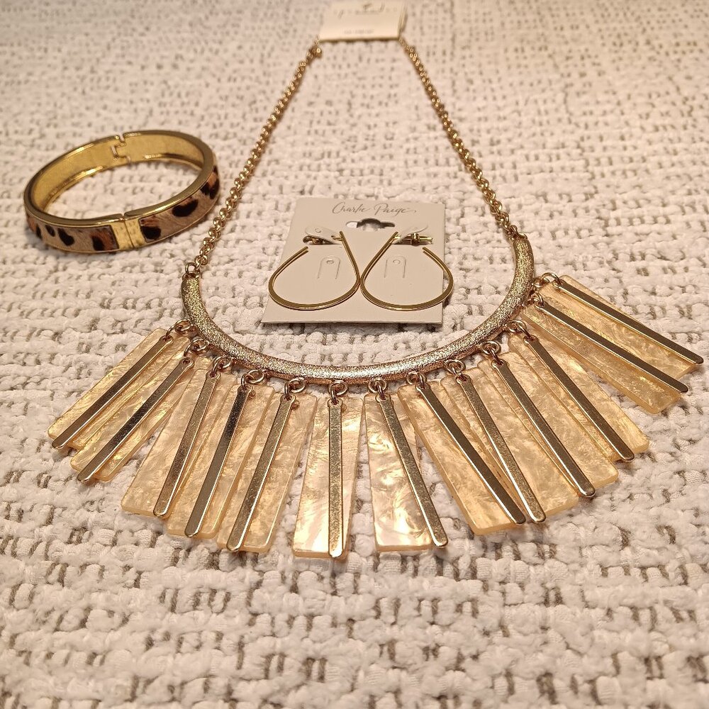 3 pc statement jewelry lot - necklace, calf hair bracelet, tear drop earrings